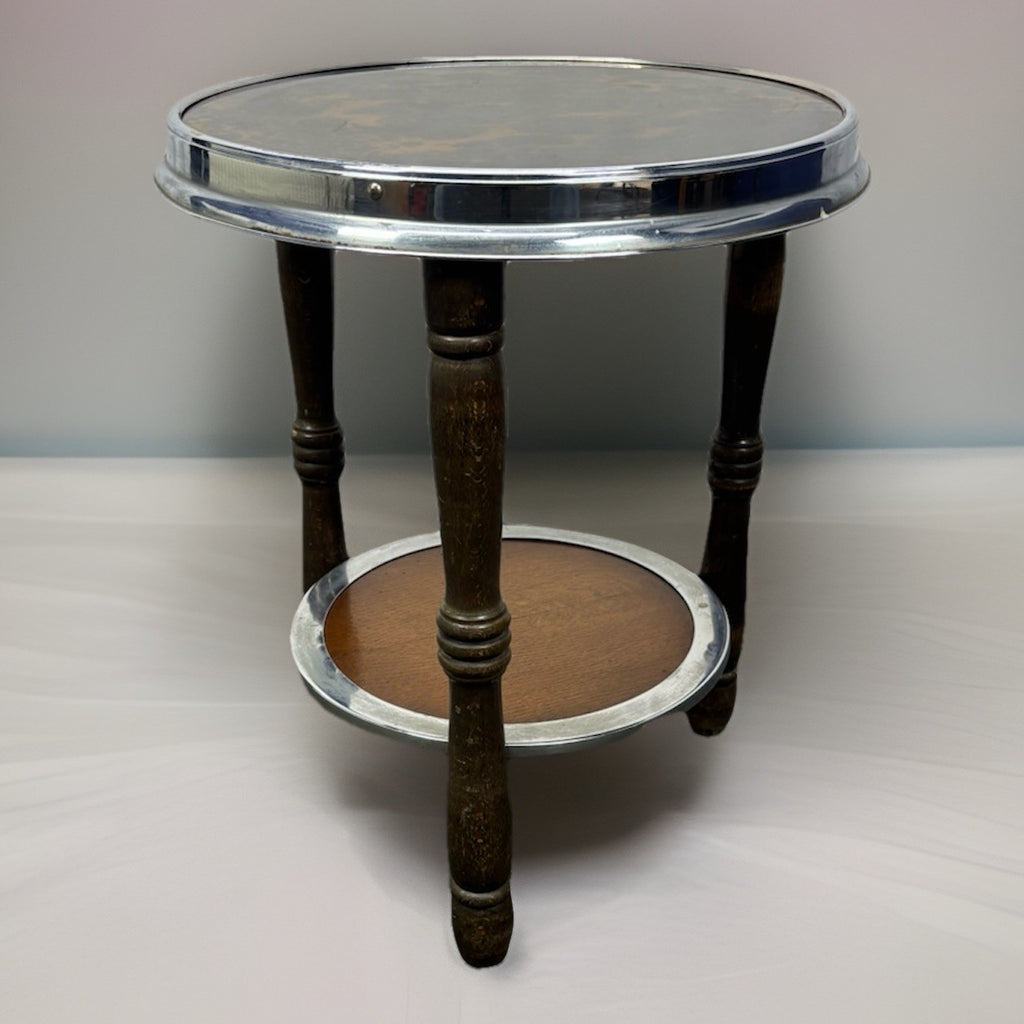 Beistelltisch Rauchertisch Art Deco Rund Holz Glas 2 Böden Vintage