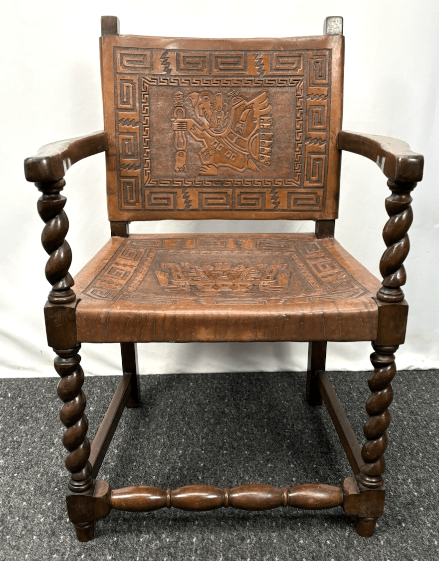 Antiker Armlehnstuhl mit geprägtem Leder Massivholz Handarbeit Kolonialstil - Wesel Antik Kunst Vintage