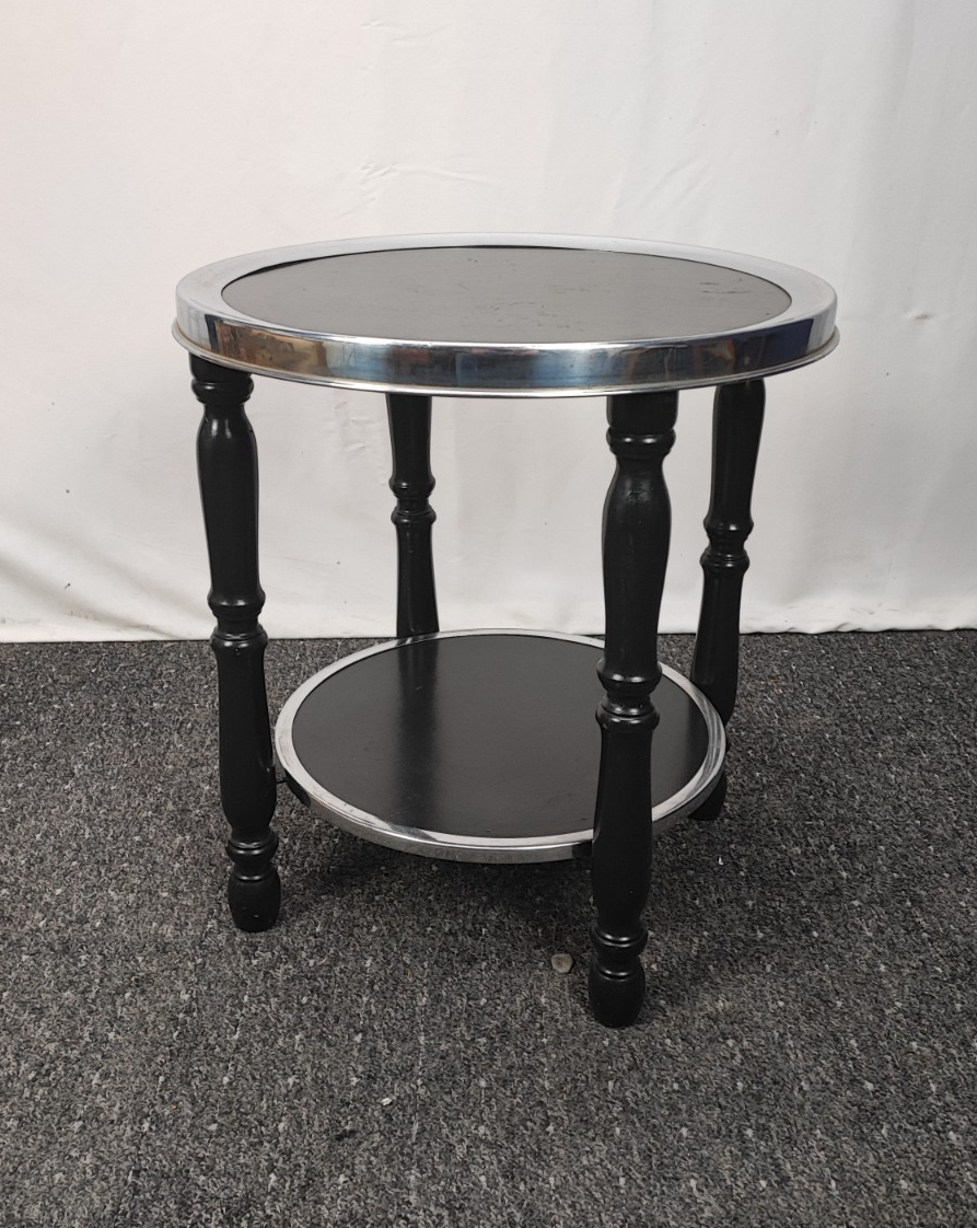 Art Deco Beistelltisch Rund Schwarz Chrom 2 Ebenen gedrechselte Beine antik