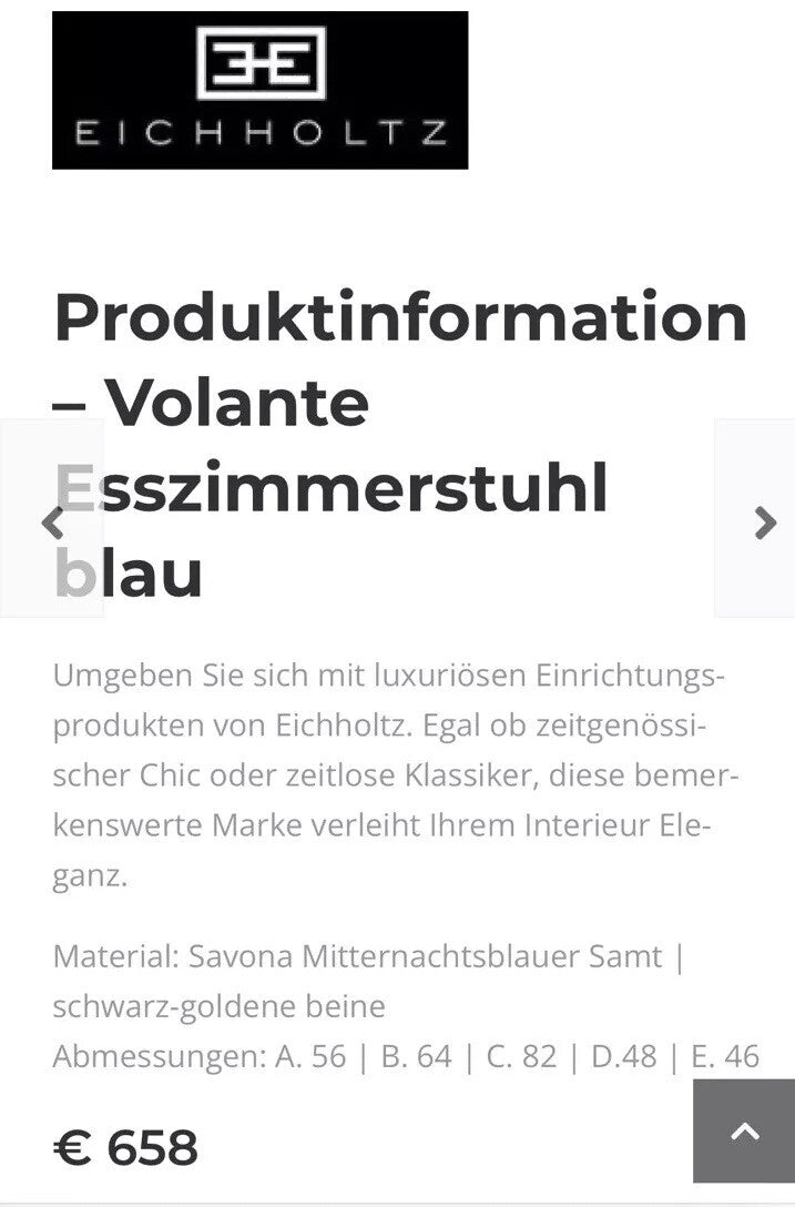 EICHHOLTZ Voltane Design Willis Esszimmerstuhl Mitternachtsblau Samtbez. Vintage