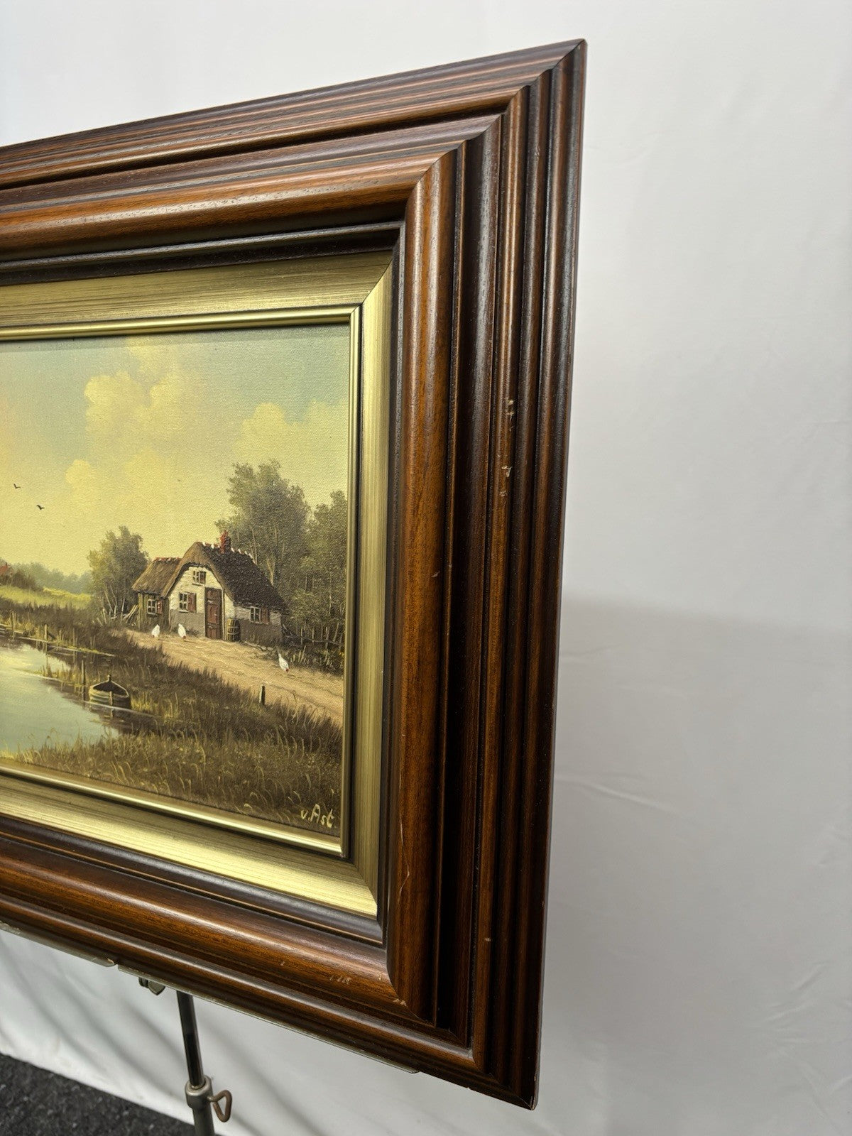 Ölgemälde gerahmt, signiert, Landschaft, Niederländisch, Cottage, Kanal, Vintage