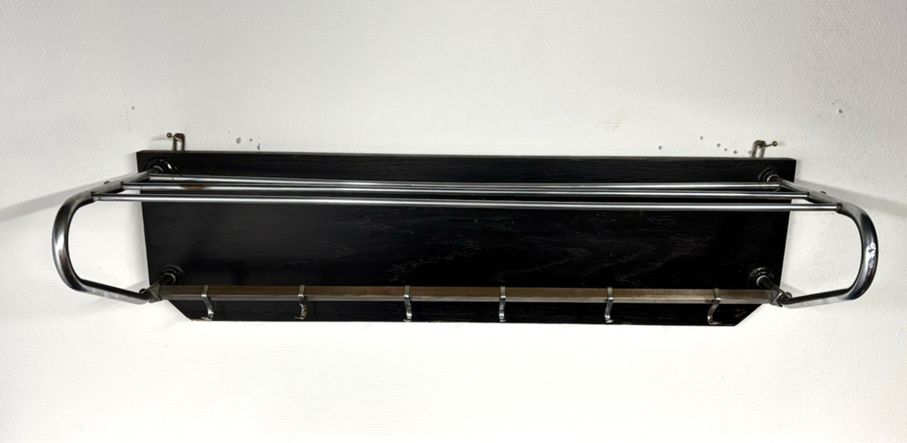 Antike Wandgarderobe Stahlrohr Bauhaus Holz Chrom mit Haken, Hutablage Art Deco