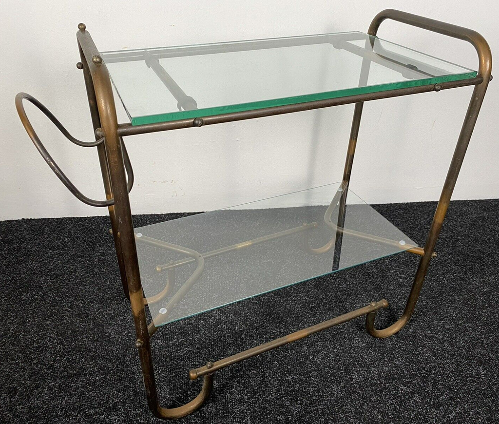 Beistelltisch Bartisch Schlaufenfuß Bauhaus Stahlrohr Nickel Kupfer Glas