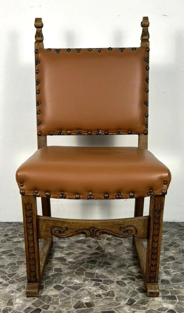 1 von 2 spanischer Stil Stuhl Leder Art Deco Massivholz Schnitzarbeiten