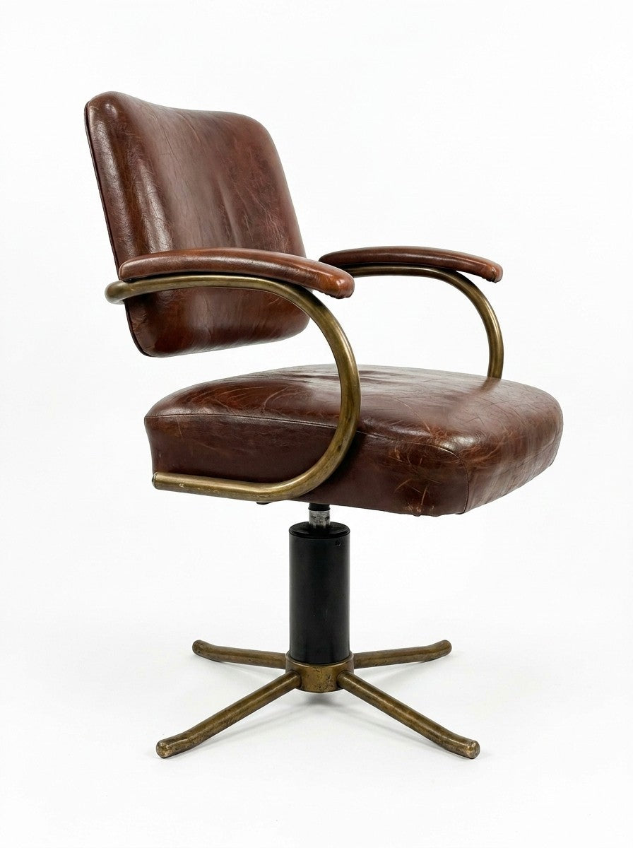 Vintage USA Bürostuhl 60er Drehstuhl Messing Leder Mid-Century Office Retro