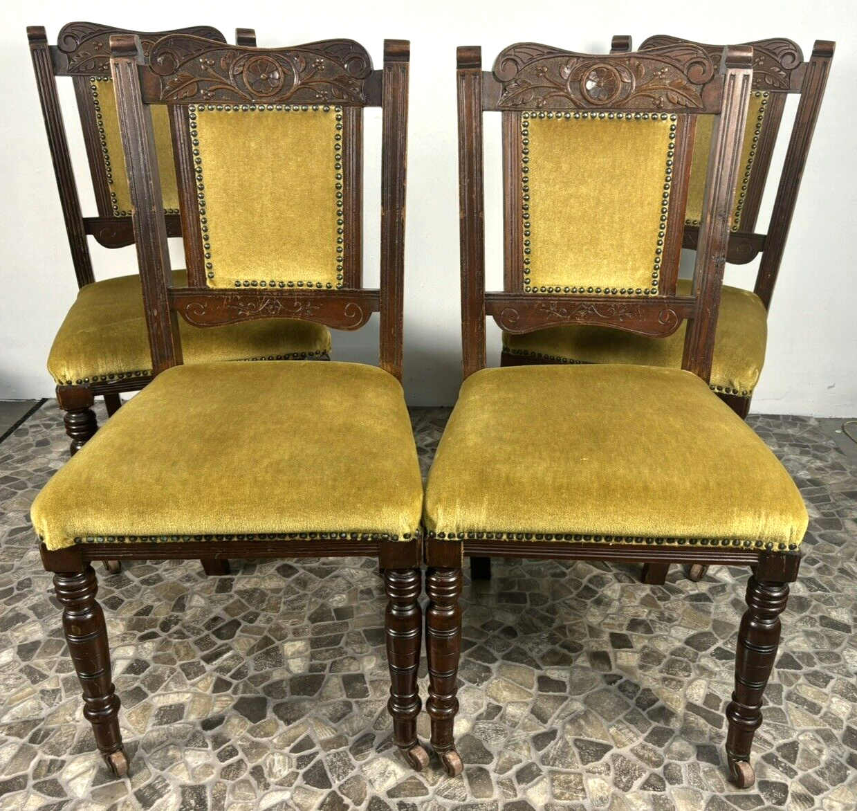 4er Set Antike Stühle Jugendstil viktorianisch Esszimmer Art Deco Holzschnitzarb