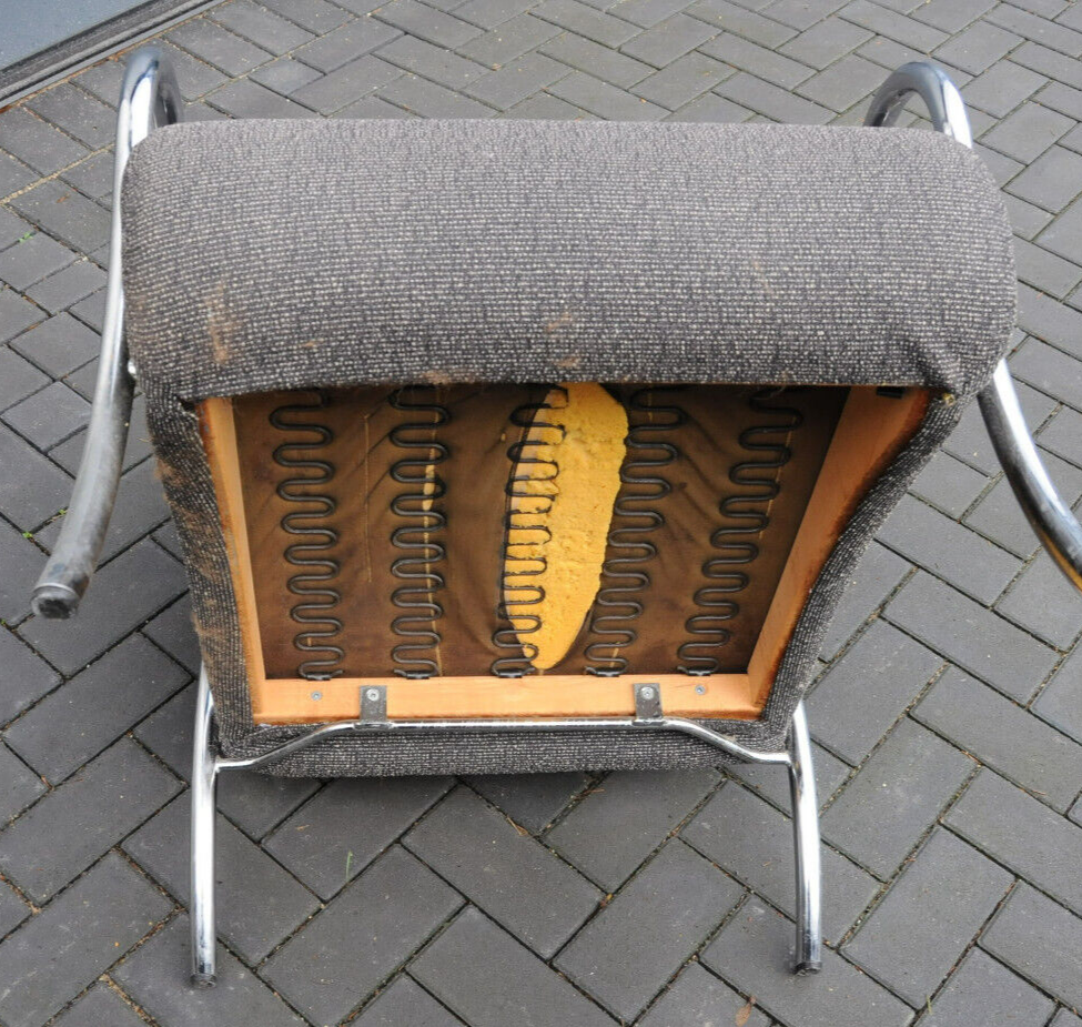 Stahlrohr Sessel  Vintage Bauhaus Stil  Stahlrohrmöbel Polster grau Chrom Stoff