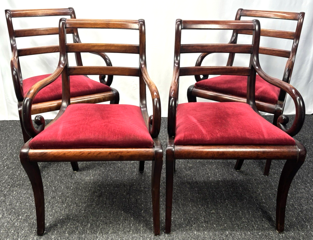 1 von 4 Antik Armlehnstuhl Mahagoni Holz roter Samt – Biedermeier Stil