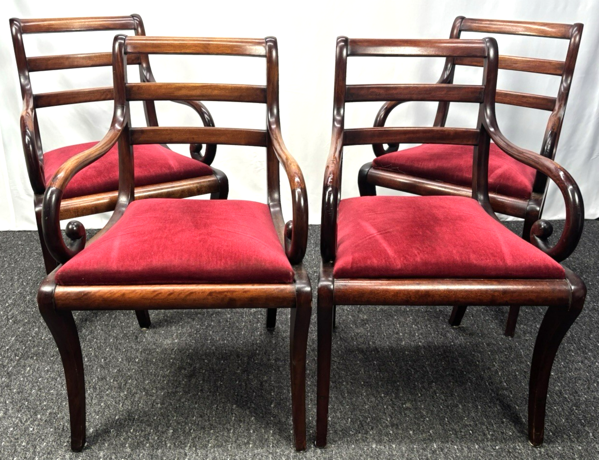 1 von 4 Antik Armlehnstuhl Mahagoni Holz roter Samt – Biedermeier Stil